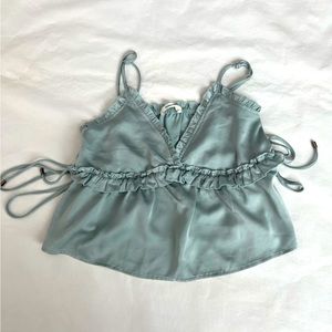 Lalavon Ruffle V-Neck Crop Top Aqua Size S